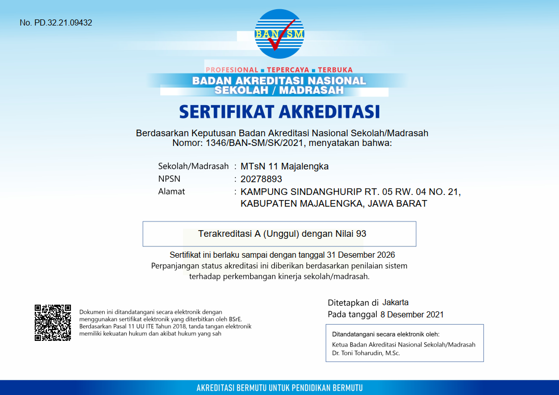 Surat Terakreditasi MTsN 11 Majalengka